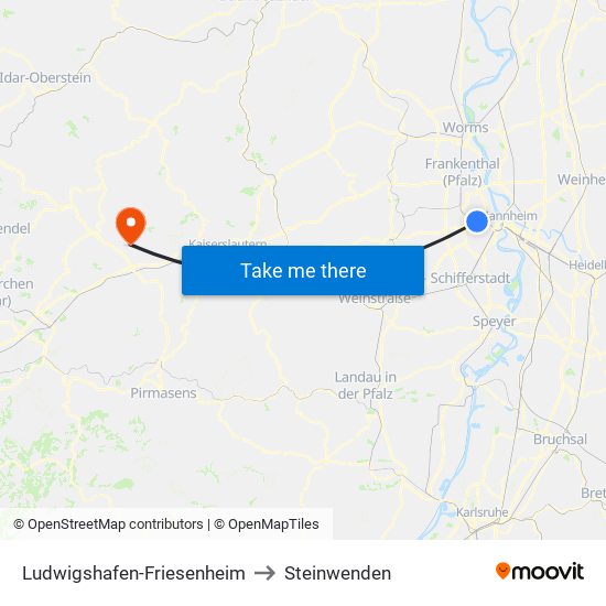 Ludwigshafen-Friesenheim to Steinwenden map