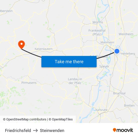 Friedrichsfeld to Steinwenden map