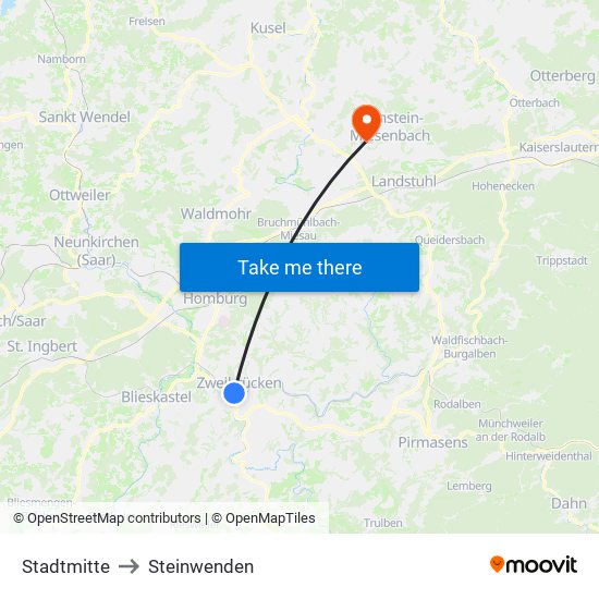 Stadtmitte to Steinwenden map