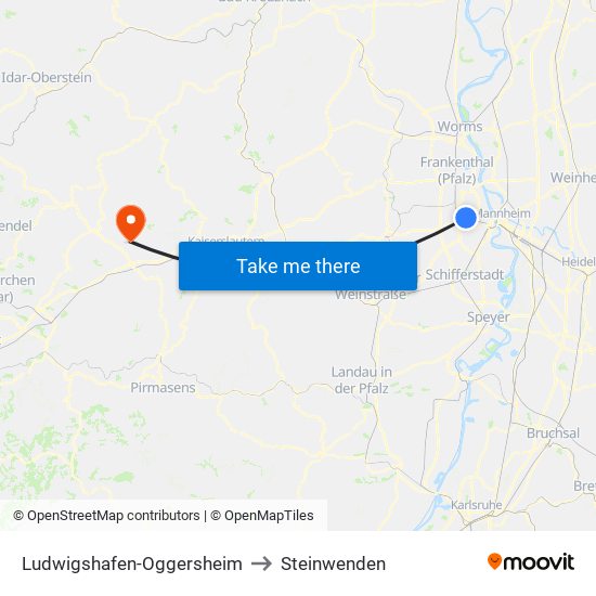 Ludwigshafen-Oggersheim to Steinwenden map