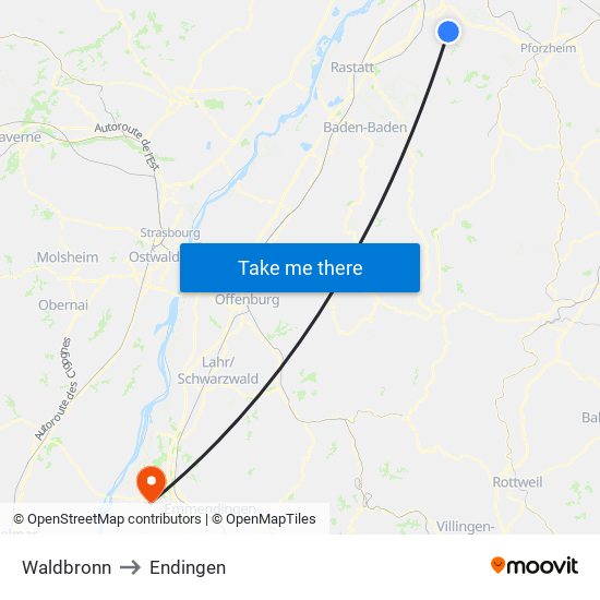 Waldbronn to Endingen map