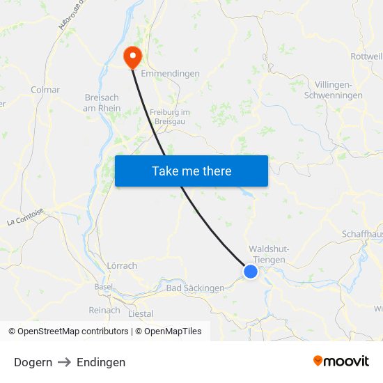 Dogern to Endingen map