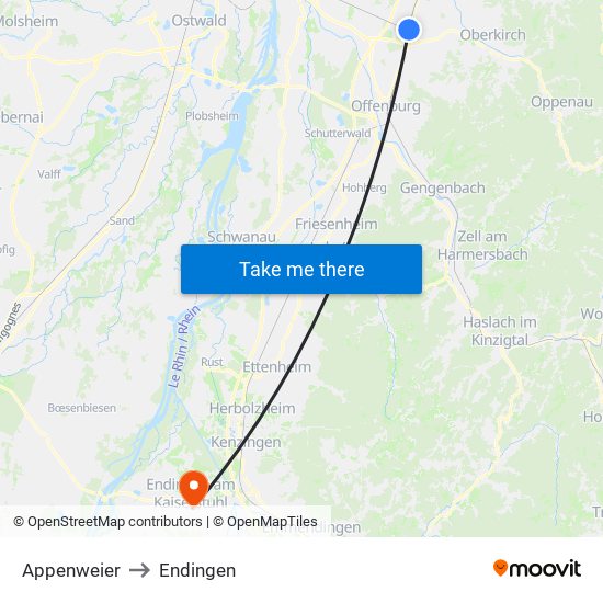 Appenweier to Endingen map