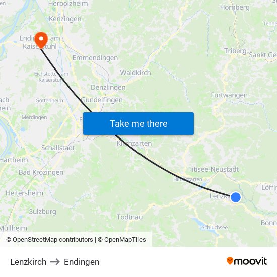 Lenzkirch to Endingen map