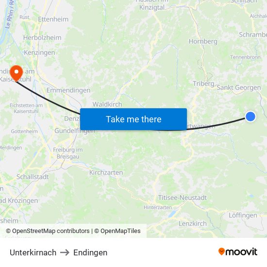 Unterkirnach to Endingen map