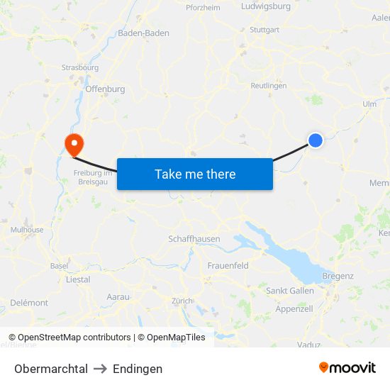 Obermarchtal to Endingen map
