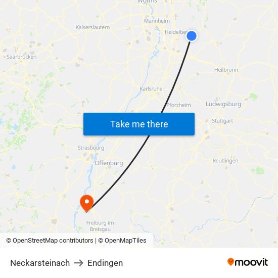 Neckarsteinach to Endingen map