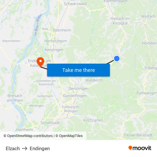Elzach to Endingen map