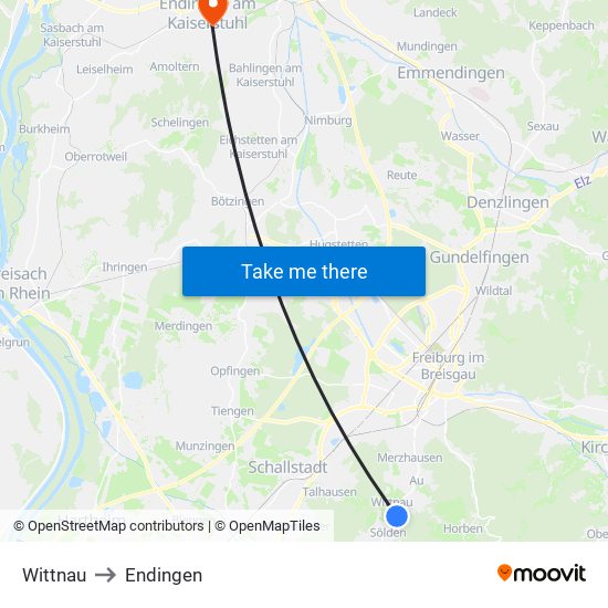 Wittnau to Endingen map