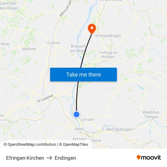 Efringen-Kirchen to Endingen map