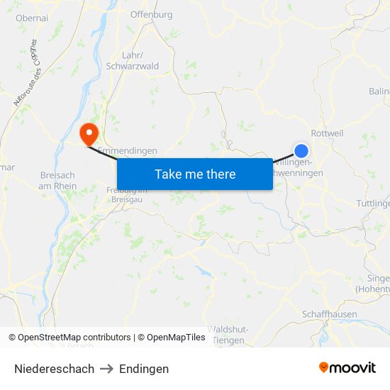Niedereschach to Endingen map