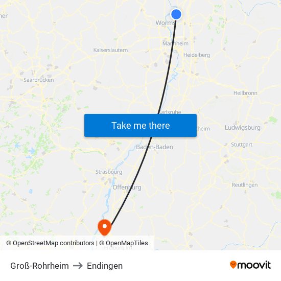 Groß-Rohrheim to Endingen map