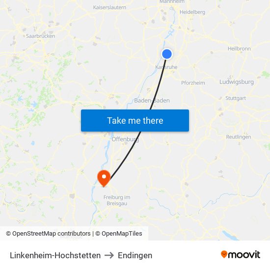 Linkenheim-Hochstetten to Endingen map