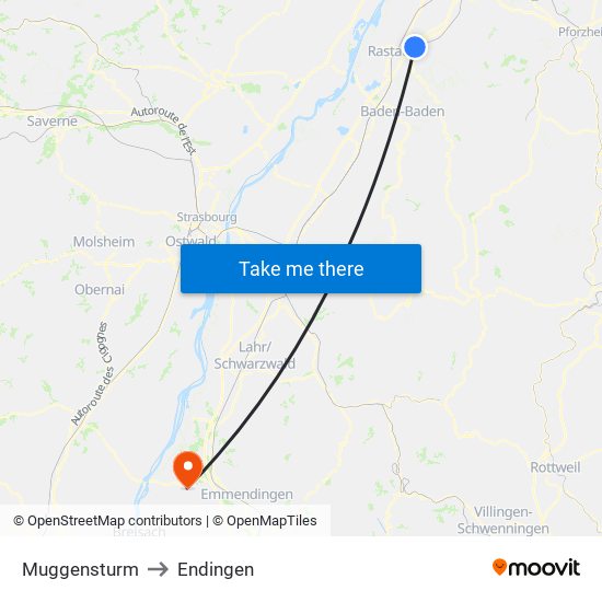 Muggensturm to Endingen map