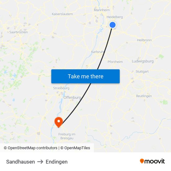 Sandhausen to Endingen map