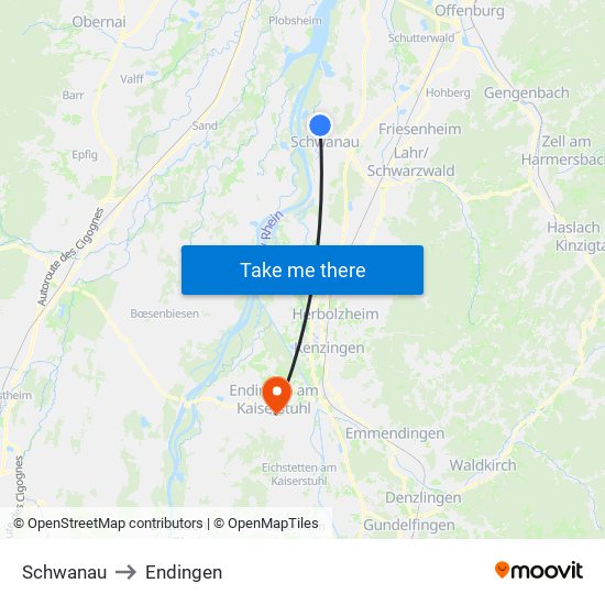 Schwanau to Endingen map