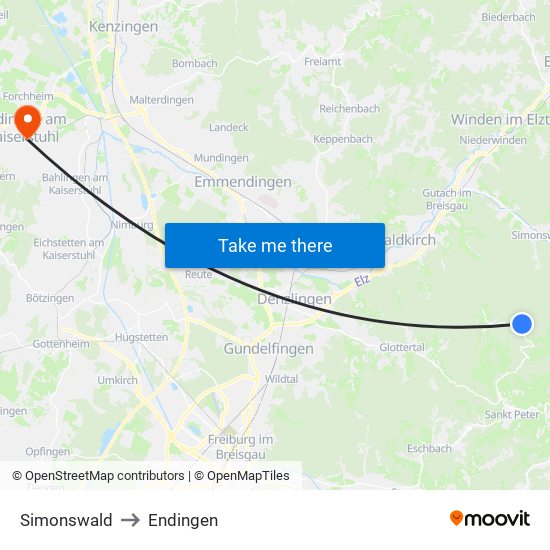 Simonswald to Endingen map