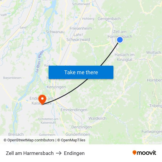 Zell am Harmersbach to Endingen map