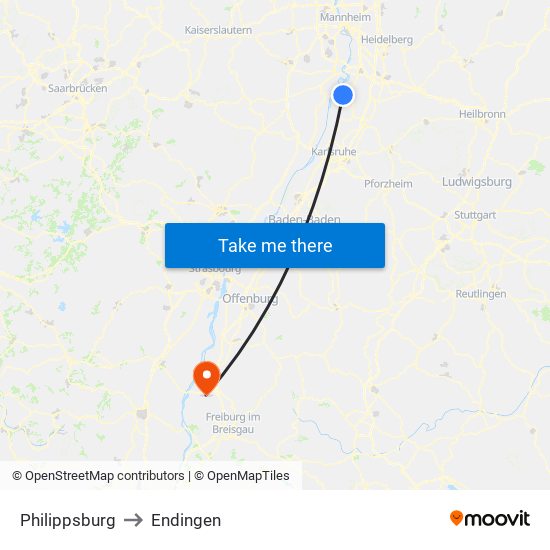 Philippsburg to Endingen map
