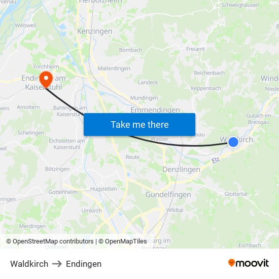 Waldkirch to Endingen map