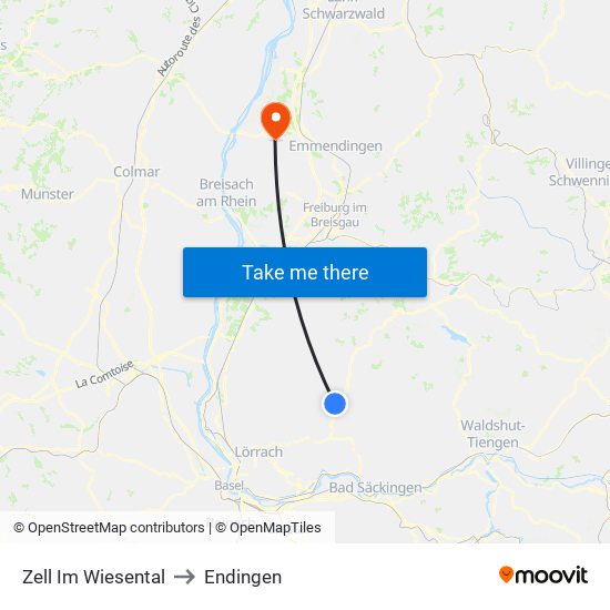 Zell Im Wiesental to Endingen map