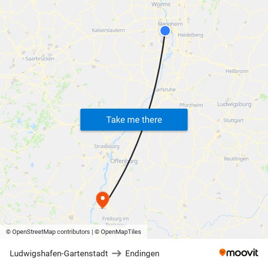 Ludwigshafen-Gartenstadt to Endingen map