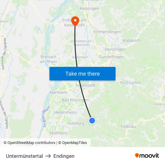 Untermünstertal to Endingen map