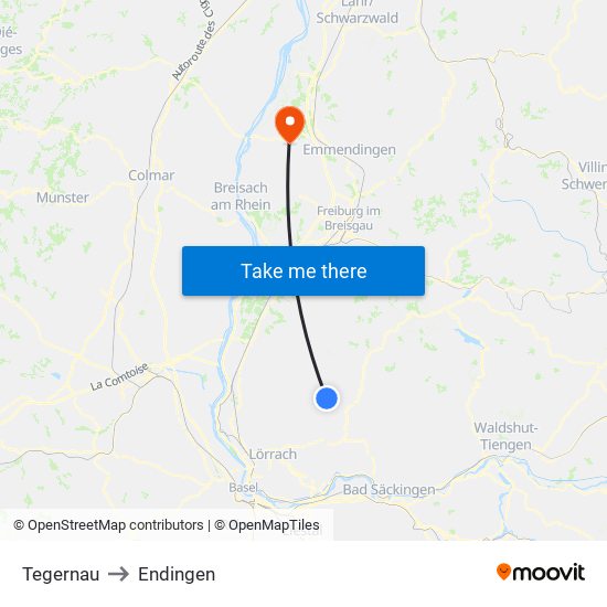 Tegernau to Endingen map