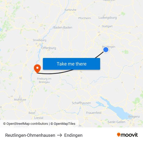 Reutlingen-Ohmenhausen to Endingen map