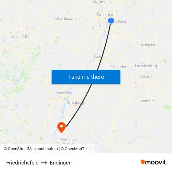 Friedrichsfeld to Endingen map