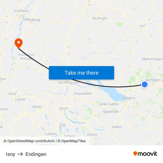 Isny to Endingen map