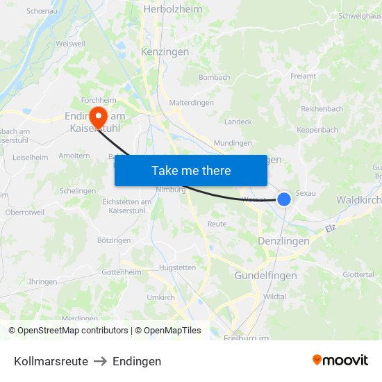 Kollmarsreute to Endingen map