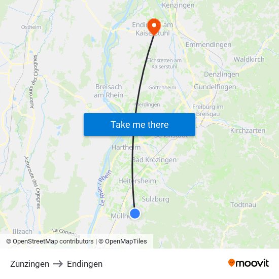 Zunzingen to Endingen map
