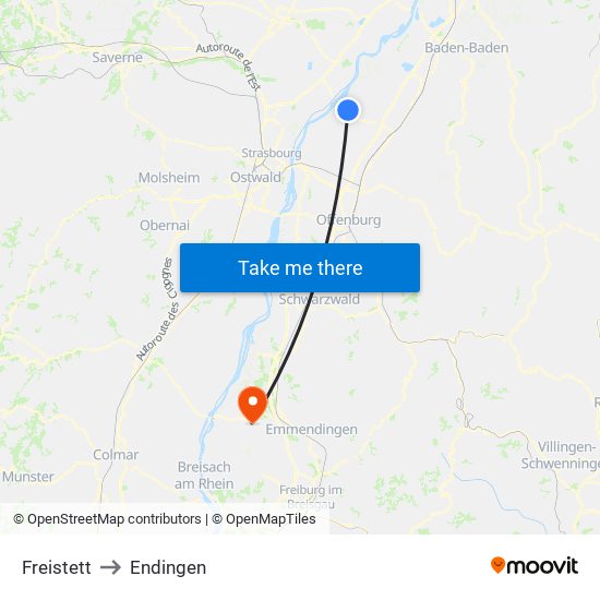 Freistett to Endingen map