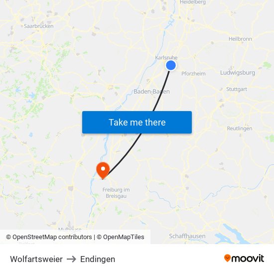 Wolfartsweier to Endingen map