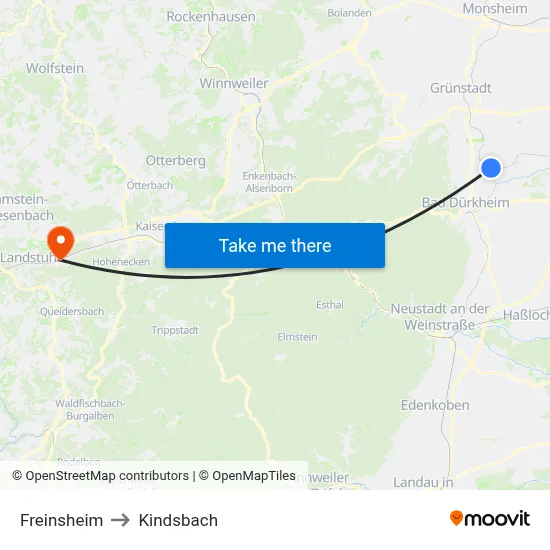 Freinsheim to Kindsbach map