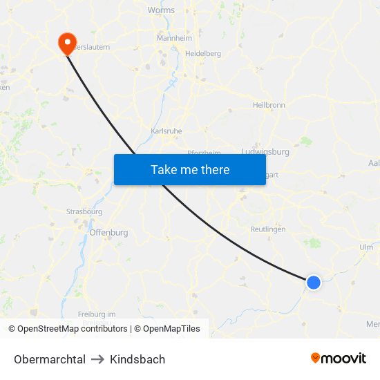 Obermarchtal to Kindsbach map