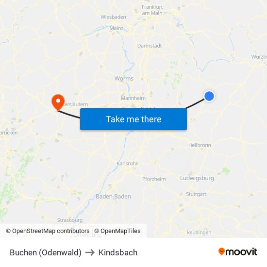 Buchen (Odenwald) to Kindsbach map