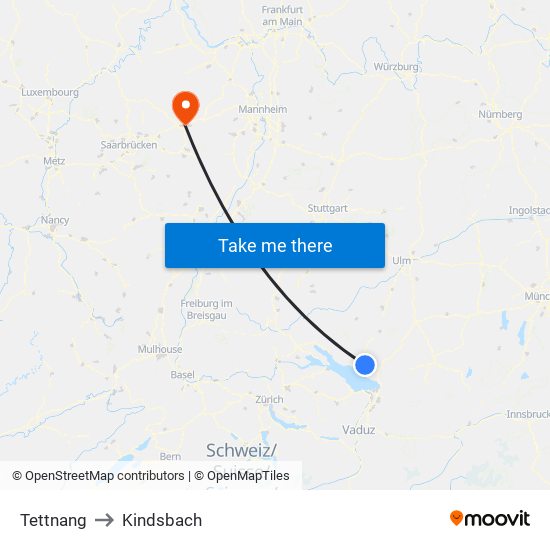 Tettnang to Kindsbach map