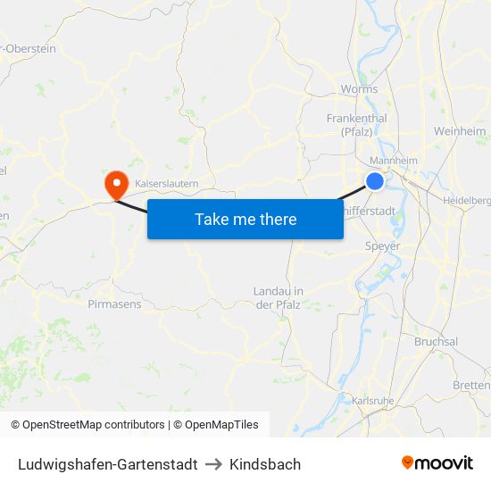 Ludwigshafen-Gartenstadt to Kindsbach map