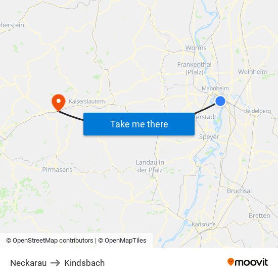 Neckarau to Kindsbach map