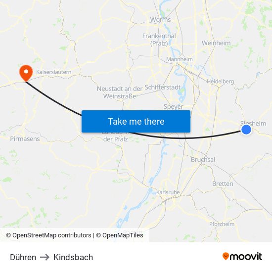Dühren to Kindsbach map