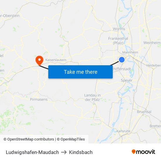 Ludwigshafen-Maudach to Kindsbach map