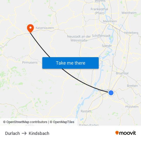 Durlach to Kindsbach map