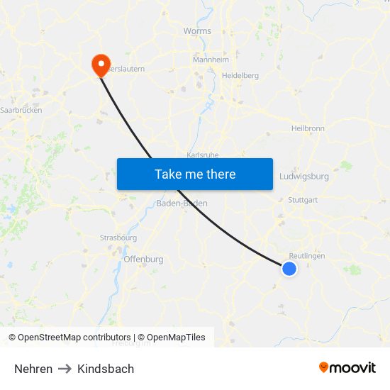 Nehren to Kindsbach map