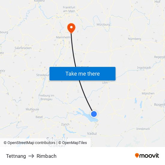 Tettnang to Rimbach map