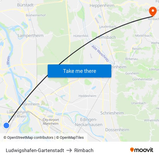 Ludwigshafen-Gartenstadt to Rimbach map