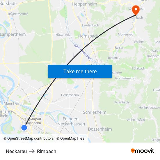 Neckarau to Rimbach map