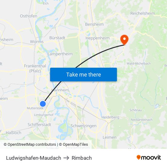 Ludwigshafen-Maudach to Rimbach map