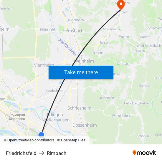 Friedrichsfeld to Rimbach map